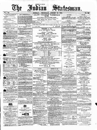 cover page of Indian Statesman published on August 13, 1874
