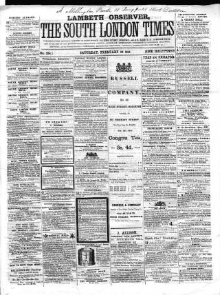 cover page of South London Times and Lambeth Observer published on February 23, 1861