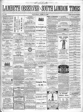 cover page of South London Times and Lambeth Observer published on April 18, 1863