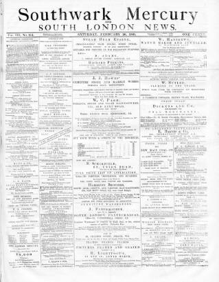 cover page of Southwark Mercury published on February 26, 1881