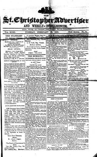 cover page of Saint Christopher Advertiser and Weekly Intelligencer published on February 23, 1875