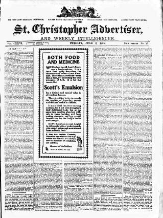 cover page of Saint Christopher Advertiser and Weekly Intelligencer published on June 2, 1908