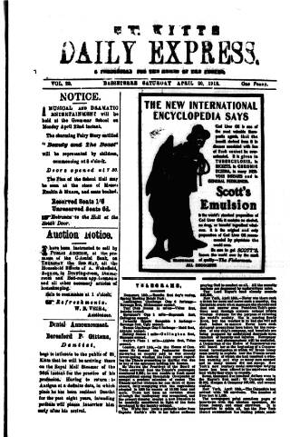 cover page of St. Kitts Daily Express published on April 20, 1912