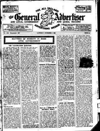 cover page of General Advertiser for Dublin, and all Ireland published on December 2, 1922
