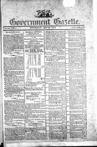 cover page of Government Gazette (India) published on April 20, 1809