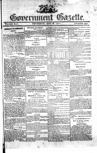 cover page of Government Gazette (India) published on April 18, 1811