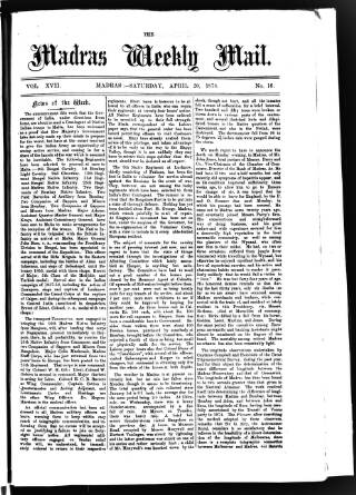 cover page of Madras Weekly Mail published on April 20, 1878