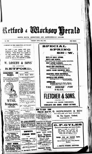 cover page of Retford and Worksop Herald and North Notts Advertiser published on April 25, 1916
