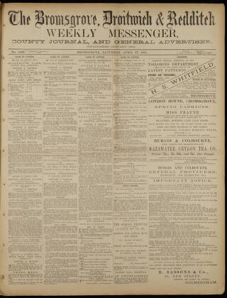 cover page of Bromsgrove & Droitwich Messenger published on April 27, 1889