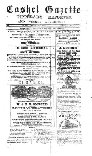 cover page of Cashel Gazette and Weekly Advertiser published on March 29, 1873