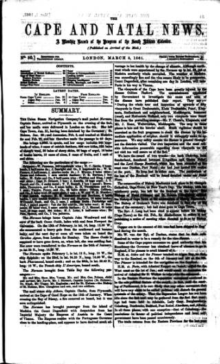 cover page of Cape and Natal News published on March 5, 1861