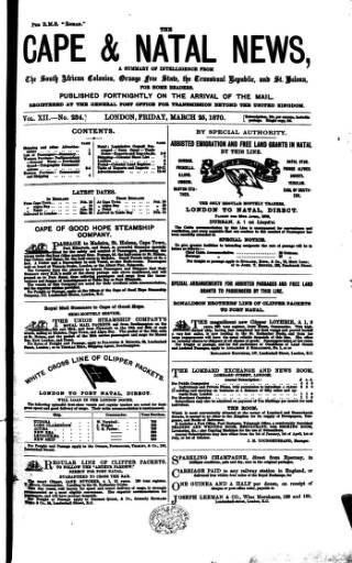cover page of Cape and Natal News published on March 25, 1870