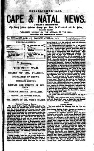 cover page of Cape and Natal News published on April 26, 1879