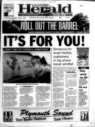 cover page of Western Evening Herald published on June 2, 1997