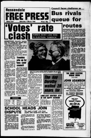 cover page of Rossendale Free Press published on March 1, 1986