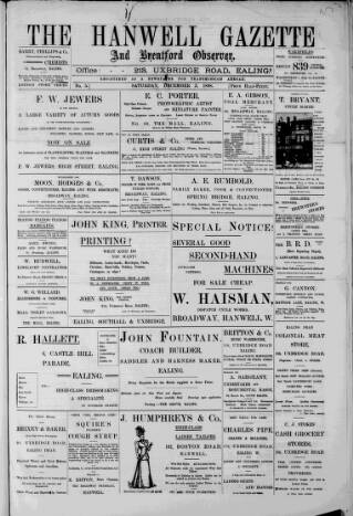 cover page of Hanwell Gazette and Brentford Observer published on December 3, 1898