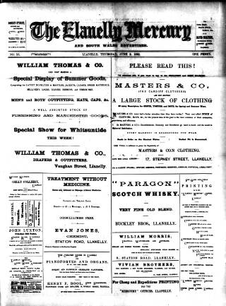 cover page of Llanelly Mercury published on June 2, 1892