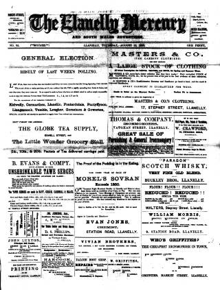 cover page of Llanelly Mercury published on August 11, 1892