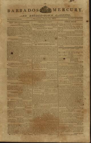 cover page of Barbados Mercury and Bridge-town Gazette published on April 19, 1814