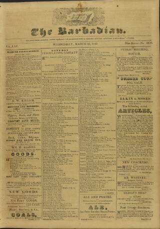 cover page of Barbadian published on March 29, 1843