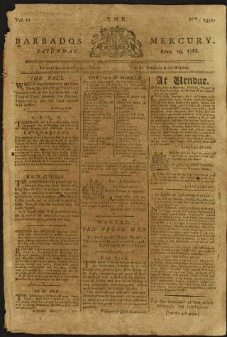 cover page of Barbados Mercury published on April 19, 1788