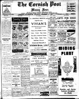 cover page of Cornish Post and Mining News published on December 2, 1939