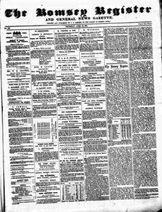 cover page of Romsey Register and General News Gazette published on April 25, 1861