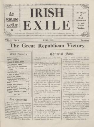 cover page of Irish Exile published on June 1, 1921