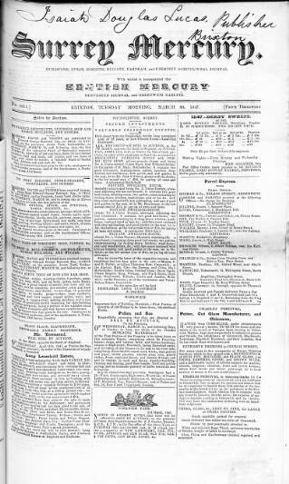 cover page of Surrey Mercury published on March 30, 1847