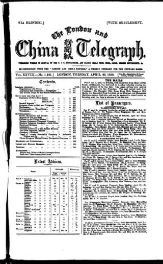 cover page of London and China Telegraph published on April 20, 1886