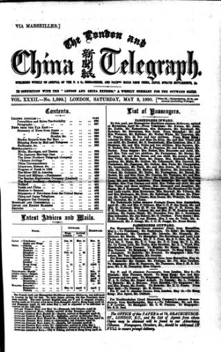 cover page of London and China Telegraph published on May 3, 1890