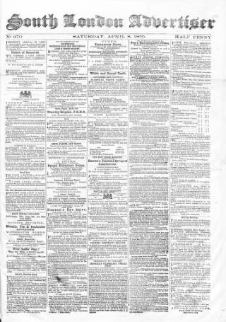 cover page of South London Advertiser published on April 8, 1865