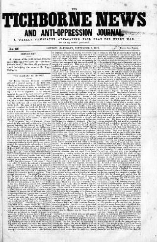 cover page of Tichborne News and Anti-Oppression Journal published on September 7, 1872