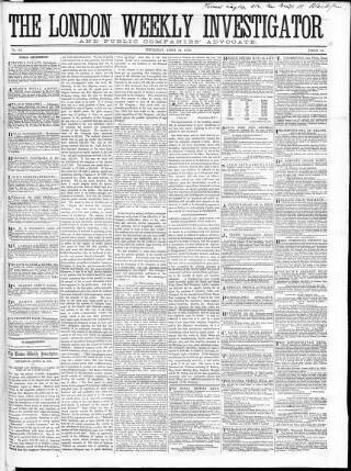 cover page of London Weekly Investigator published on April 24, 1856