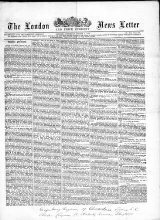 cover page of London News Letter and Price Current published on March 5, 1859