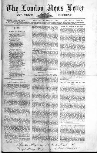 cover page of London News Letter and Price Current published on December 8, 1862