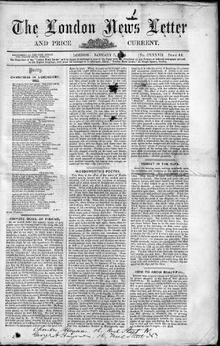 cover page of London News Letter and Price Current published on January 5, 1863