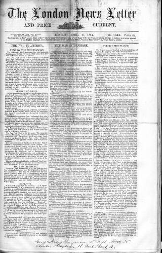 cover page of London News Letter and Price Current published on April 11, 1864