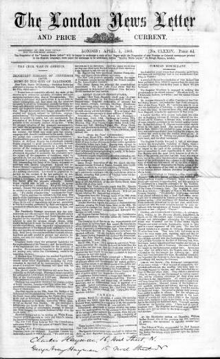 cover page of London News Letter and Price Current published on April 1, 1865