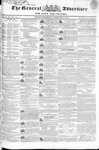 cover page of Town and Country Advertiser published on February 25, 1835