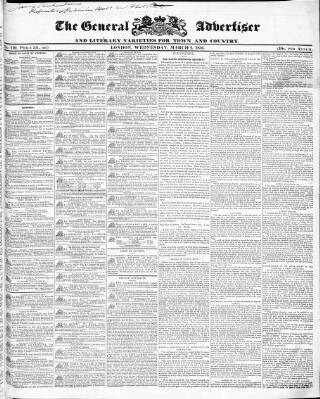 cover page of Town and Country Advertiser published on March 2, 1836