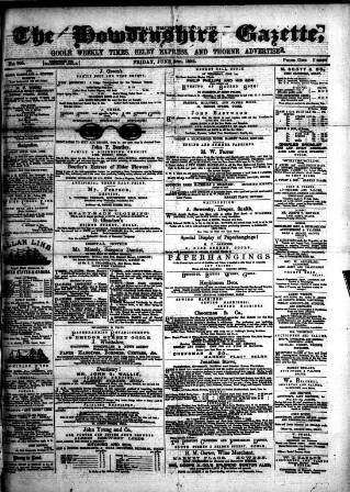 cover page of Howdenshire Gazette published on June 2, 1882