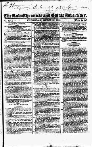 cover page of Law Chronicle, Commercial and Bankruptcy Register published on April 23, 1818