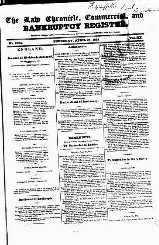 cover page of Law Chronicle, Commercial and Bankruptcy Register published on April 26, 1832
