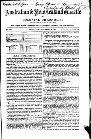 cover page of Australian and New Zealand Gazette published on April 24, 1858