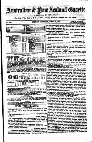 cover page of Australian and New Zealand Gazette published on April 23, 1870