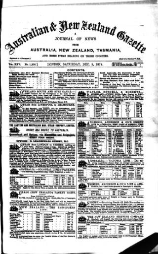 cover page of Australian and New Zealand Gazette published on December 5, 1874