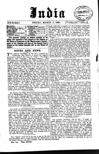 cover page of India published on March 5, 1909