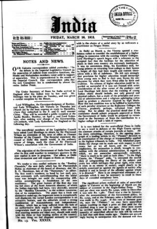 cover page of India published on March 28, 1913