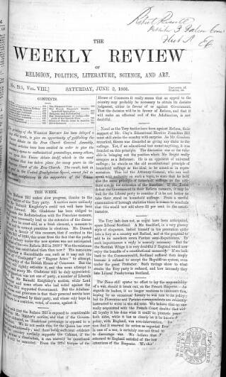 cover page of Weekly Review (London) published on June 2, 1866